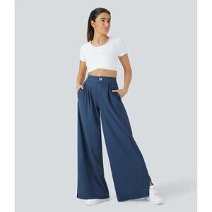 Halara Womens Med High Waist Pleated Side Pocket Split Hem Wide Leg Pants NWT
